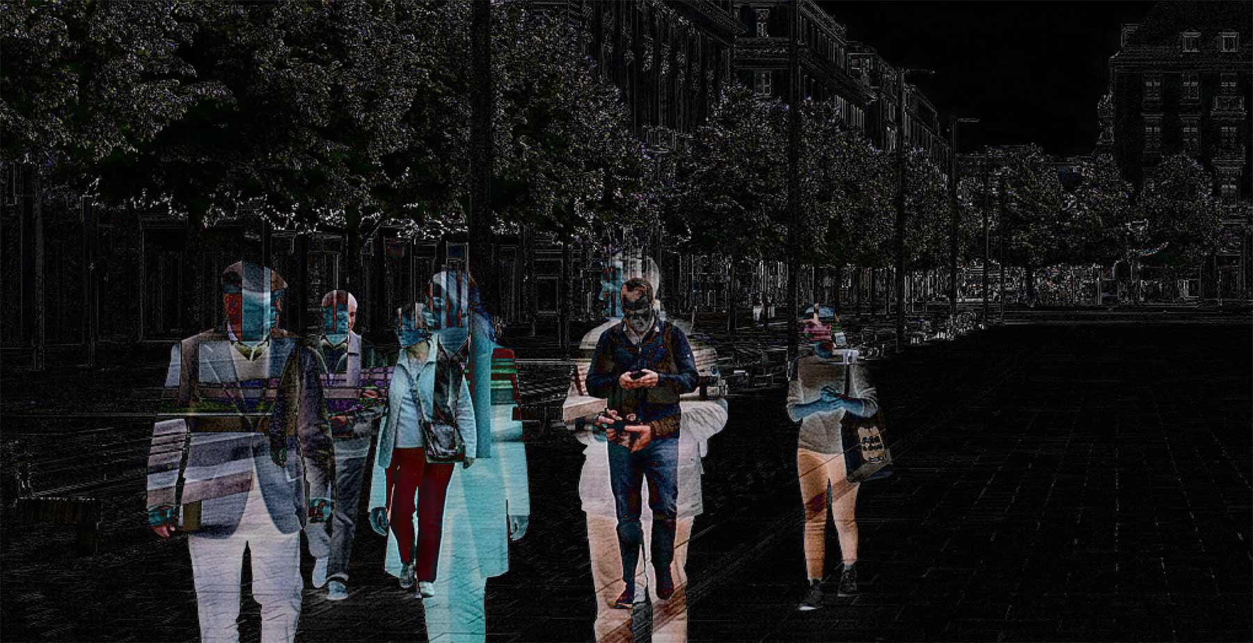 Detail shot of Adobe Photoshop's Difference blending mode highlighting pixel misalignments in a 360 panorama layer