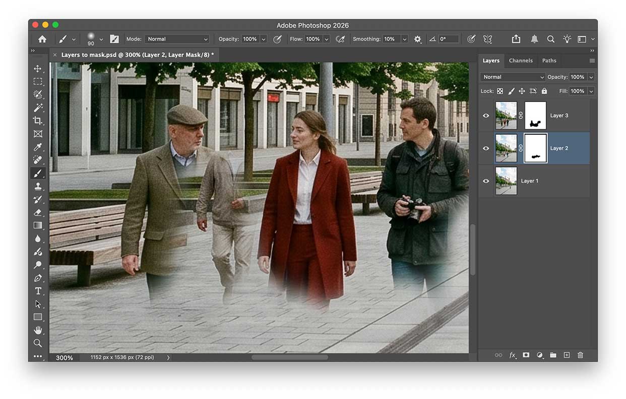 Masking layers to remove people from a scene
